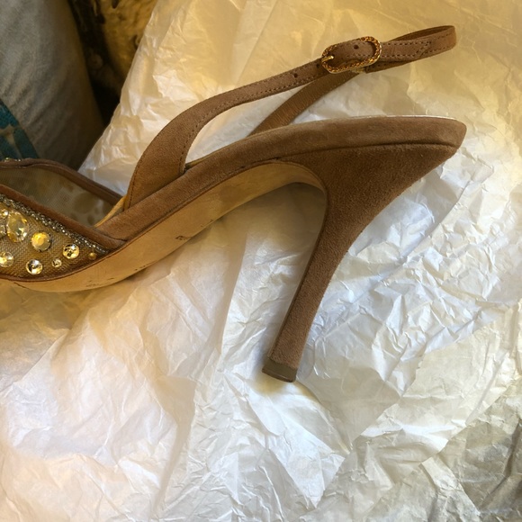 Rene Caovilla Tan/Beige Nude Mesh with Crystals Sling Back Sandals Evening - Picture 5 of 7